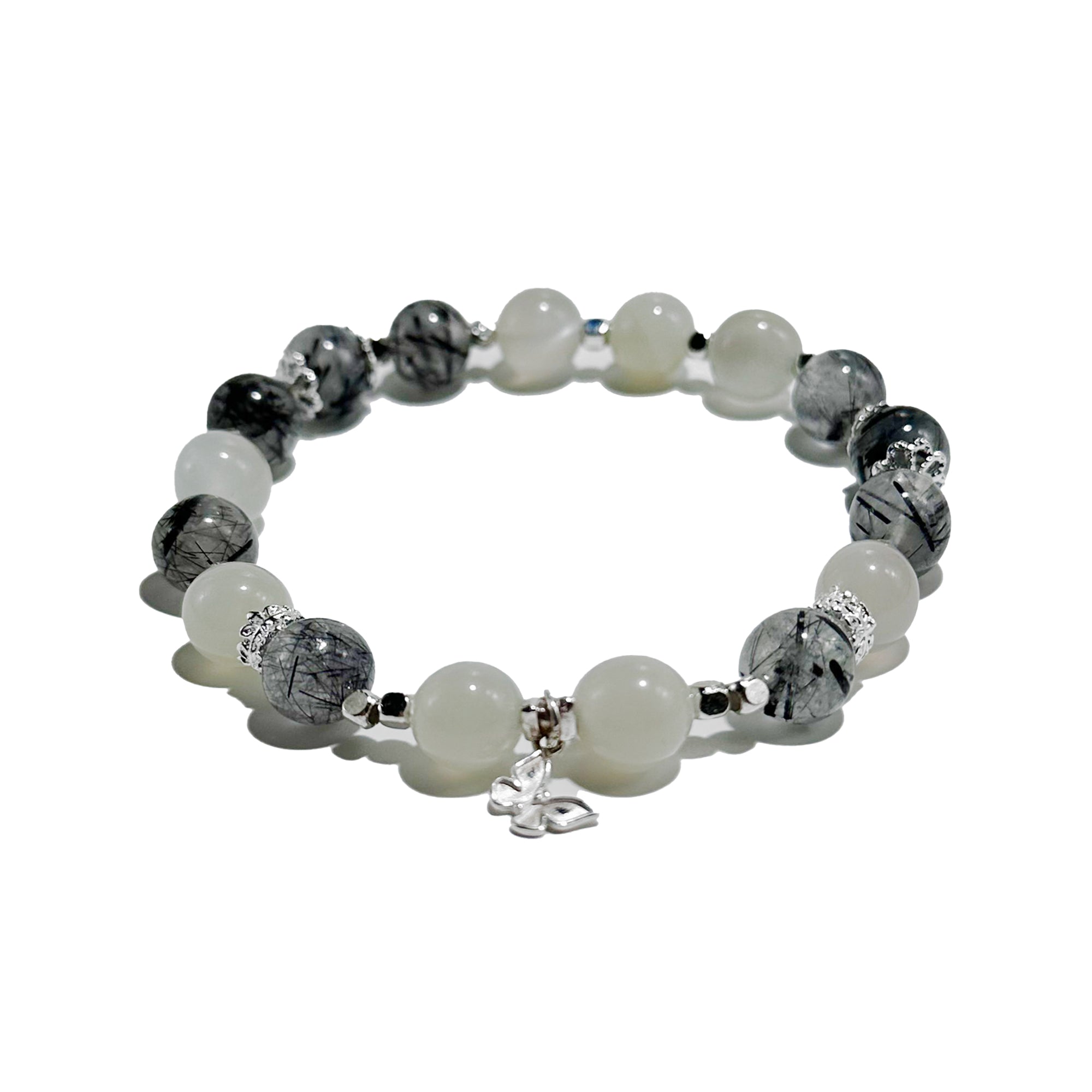 Moonlit Veil – White Moonstone & Black Rutilated Quartz Bracelet - ASTROSOUL