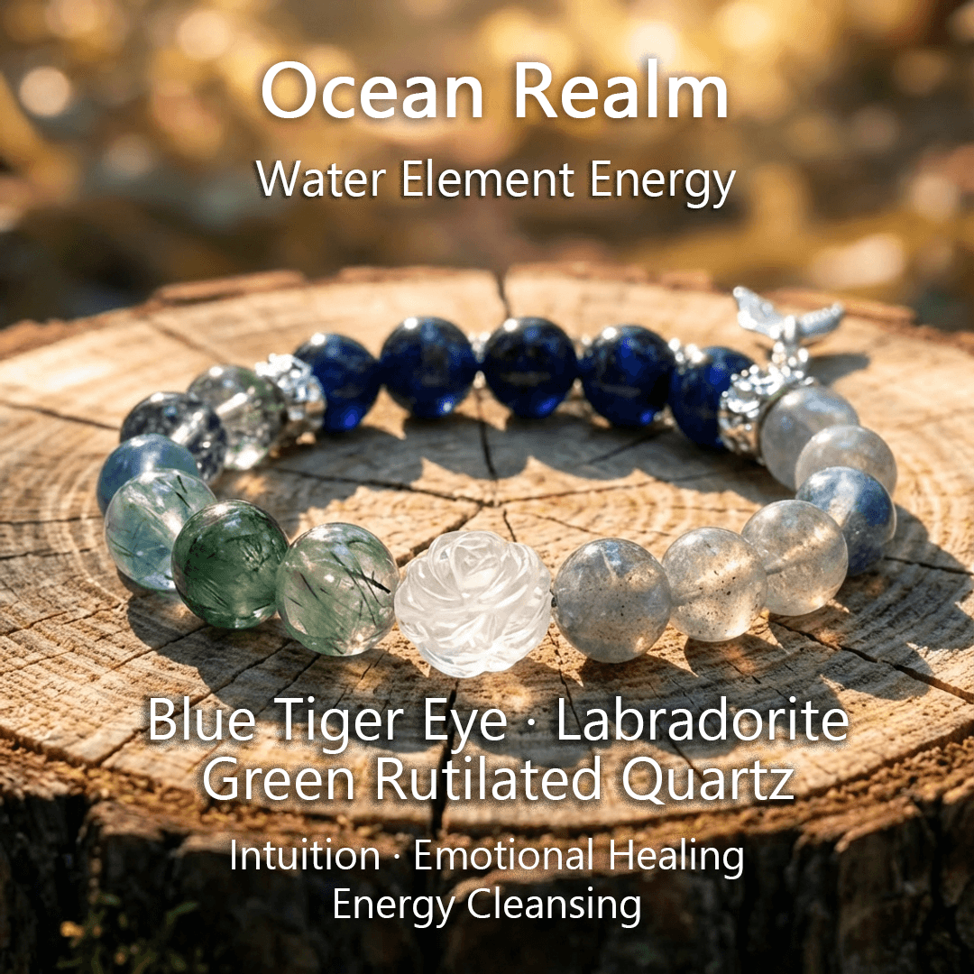 Ocean Realm – BlueTigerEye, Labradorite & Green Rutilated Quartz Bracelet - ASTROSOUL