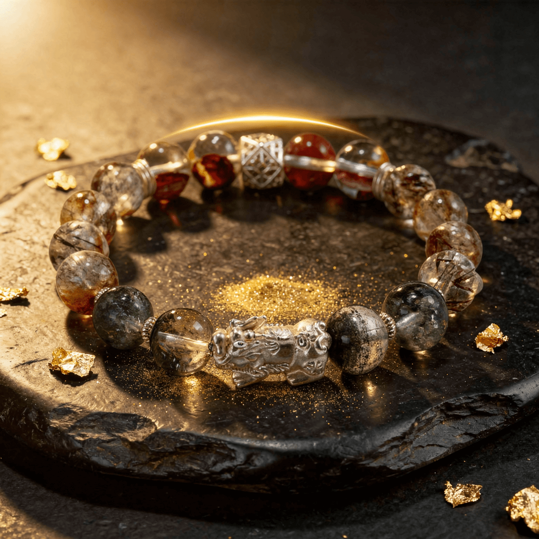 Prosperity Guardian Bracelet – Rutilated Quartz, Garnet & Pixiu - ASTROSOUL