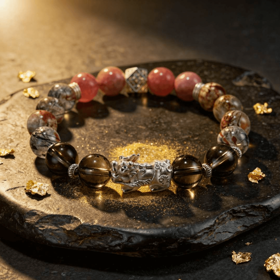 Wealth Guardian Bracelet – Smoky Quartz, Strawberry Quartz & Pixiu - ASTROSOUL